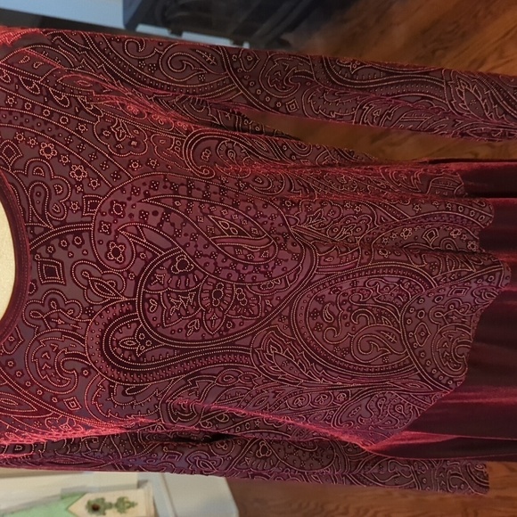 Burgundy wine velour Drop Waist long maxi dress with velvet burnout bodice sz 18 - Picture 2 of 9